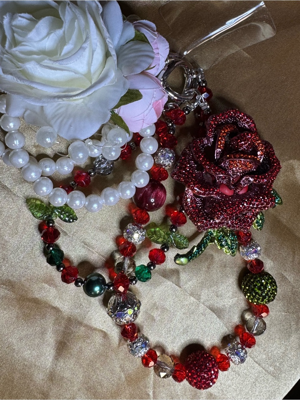 Sparkling Latge Red Rose Statement Charm Keychain-Purse Chain